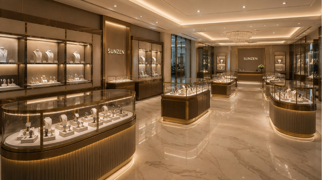 Completed display case manufacturing project with coordinated glass showcases installed in luxury retail environment