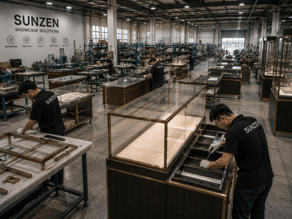 Display case factory manufacturing custom glass metal and cabinet showcases