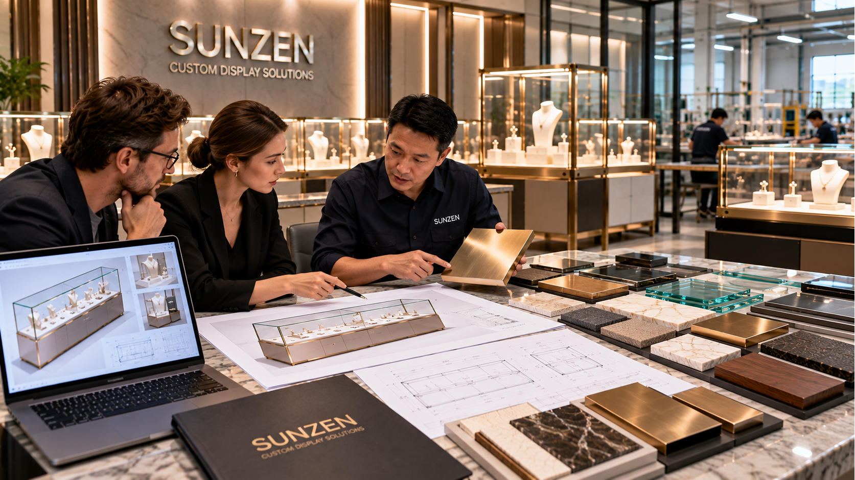 Luxury retail display case manufacturer executing premium custom showcases with refined glass metal stone lighting and finishes