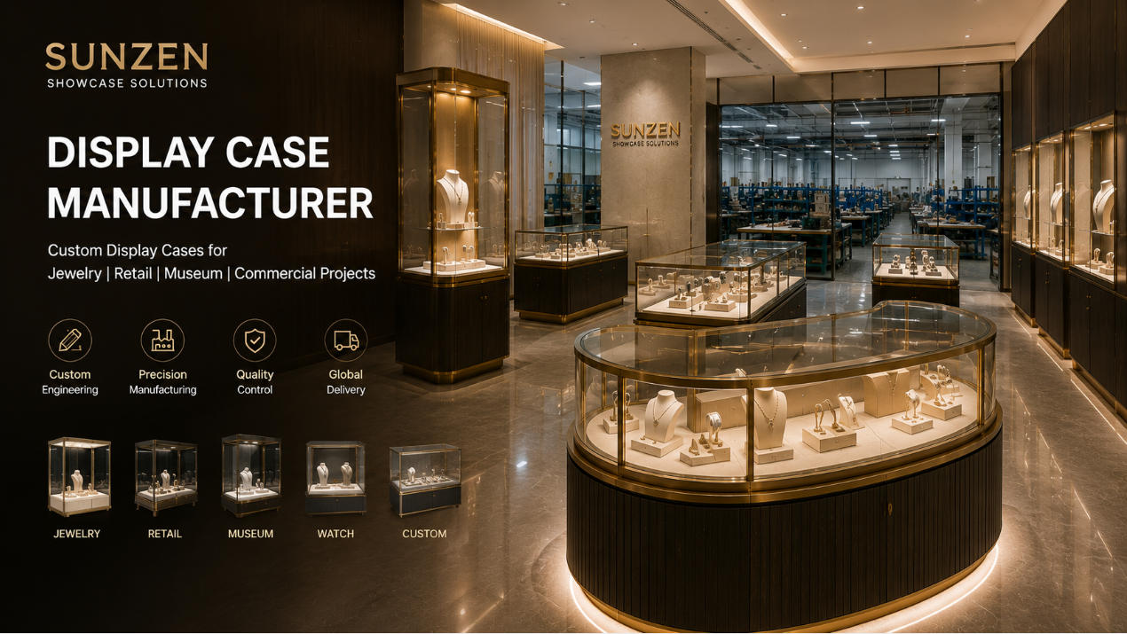 Display case manufacturer producing custom glass showcases for jewelry retail museum and luxury commercial projects