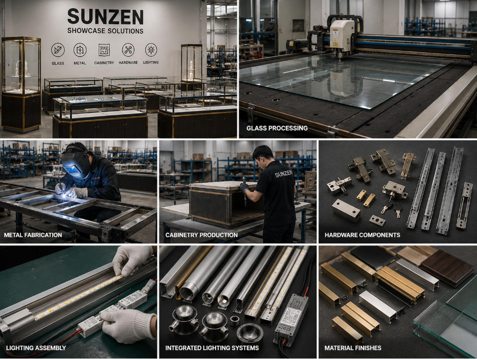 Display case manufacturer producing glass metal cabinetry hardware and integrated lighting components