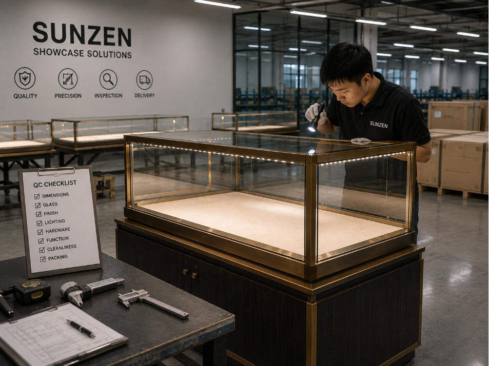 Display case manufacturer quality control inspection of completed custom showcase before packing and delivery