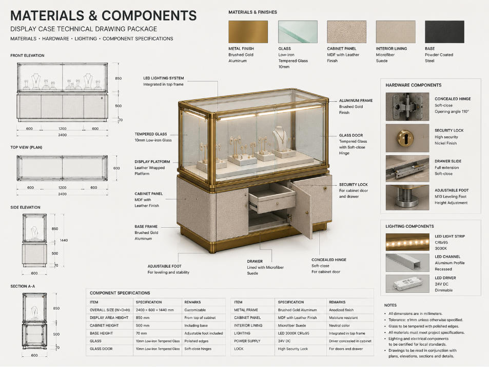 Display case technical drawing package showing materials glass metal cabinetry hardware lighting and component specifications