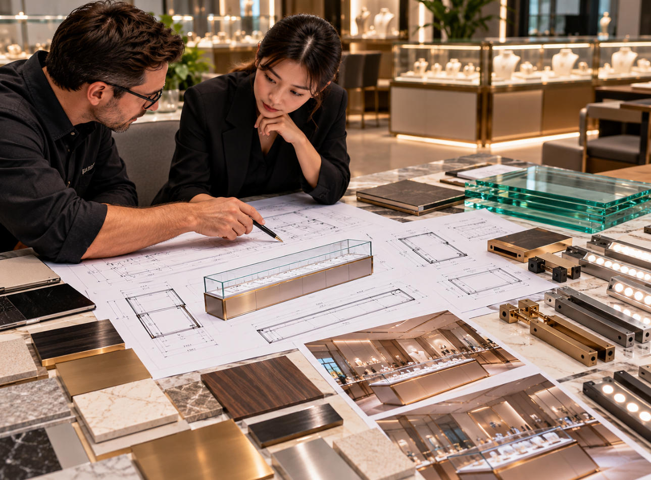 Display case pre order specification review with shop drawings glass metal finishes hardware and lighting samples