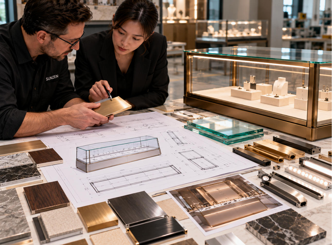 Display case pre production approval with shop drawings material samples glass hardware and lighting specifications