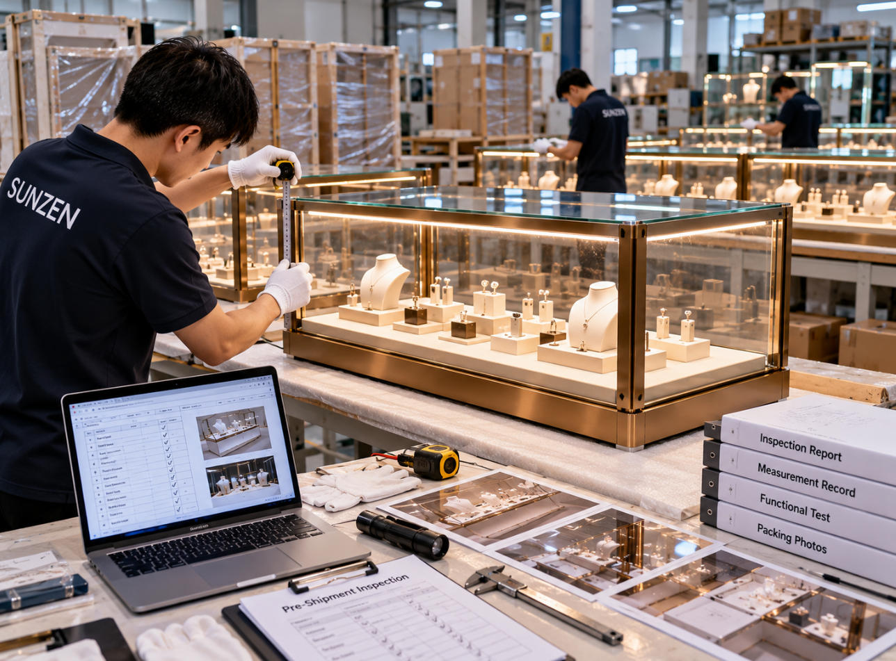 Display case pre shipment quality control review with inspection records measurements lighting tests and finished retail fixtures