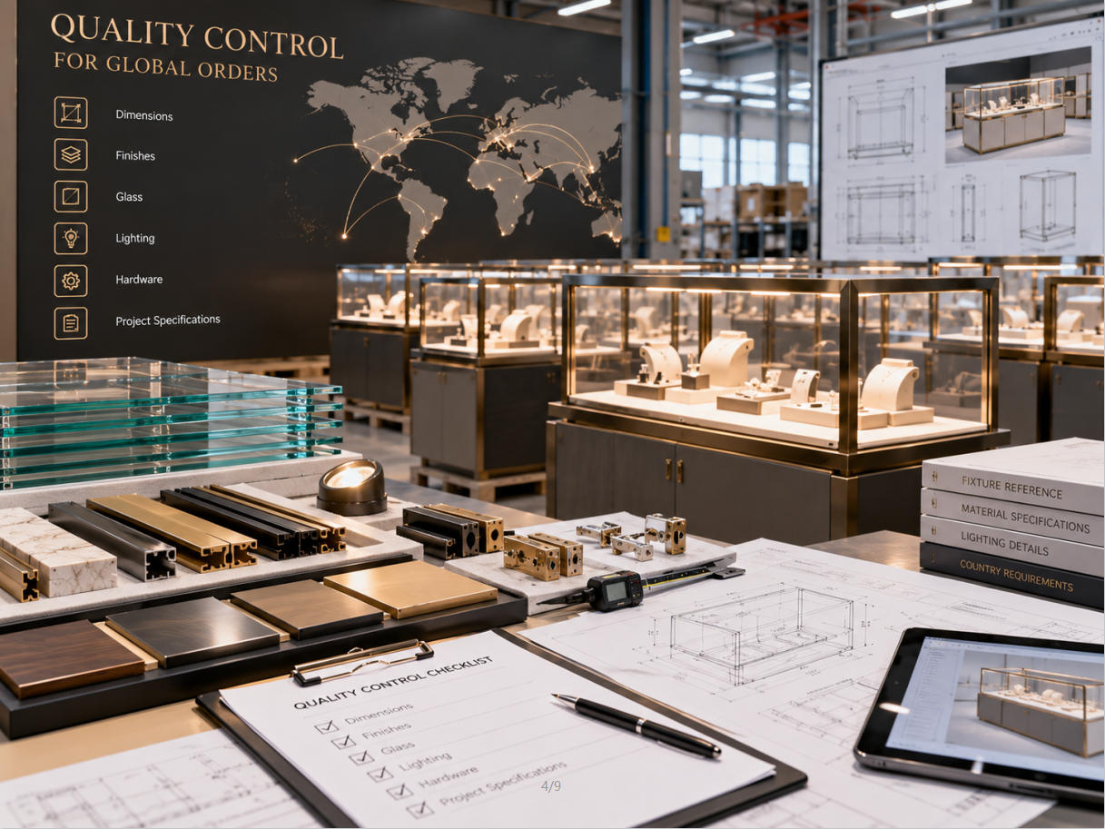 Quality control checking dimensions finishes glass lighting hardware and project specifications for international display case orders