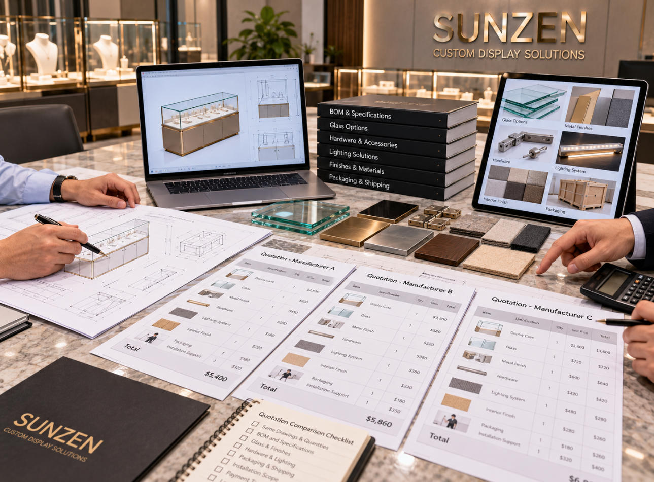 Display case quotation comparison with BOM drawings specifications material samples and supplier pricing sheets