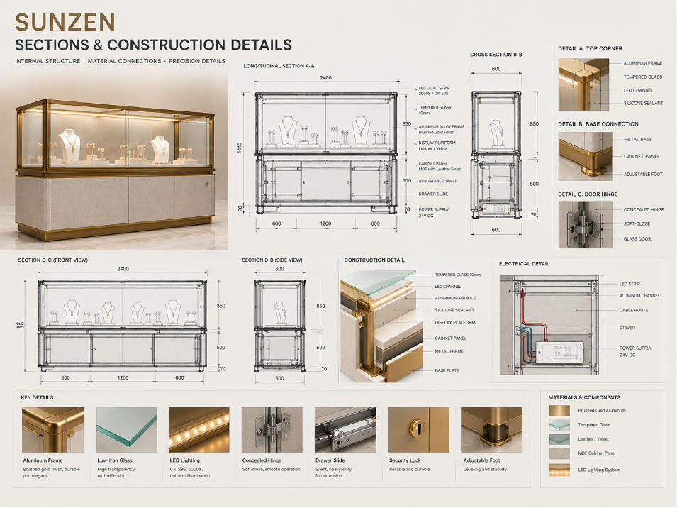 Display case construction drawings with longitudinal sections cross sections glass metal details hinges locks lighting and cabinet structure