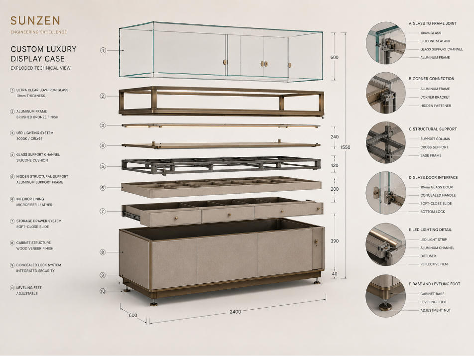 Glass display case engineering with exploded glass panels metal structure support joints and technical details