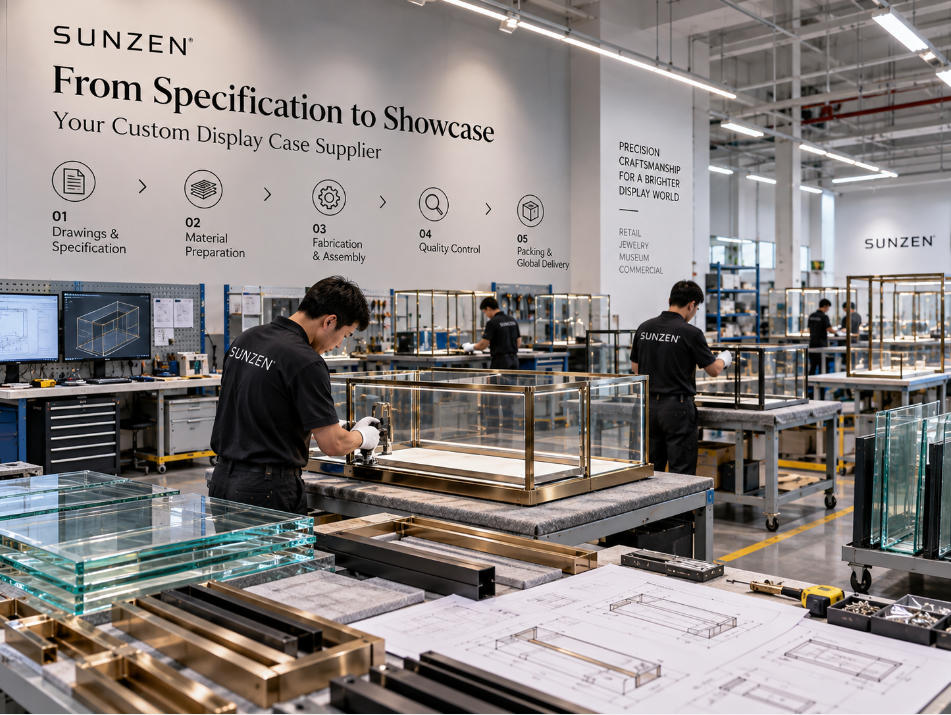 Display case supplier project moving from approved custom specifications into factory fabrication assembly and production
