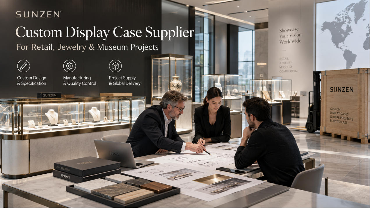 Custom display case supplier coordinating retail jewelry and museum display cases for commercial projects