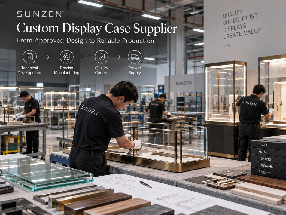 Custom display case supplier connecting approved commercial project specifications with display case manufacturing