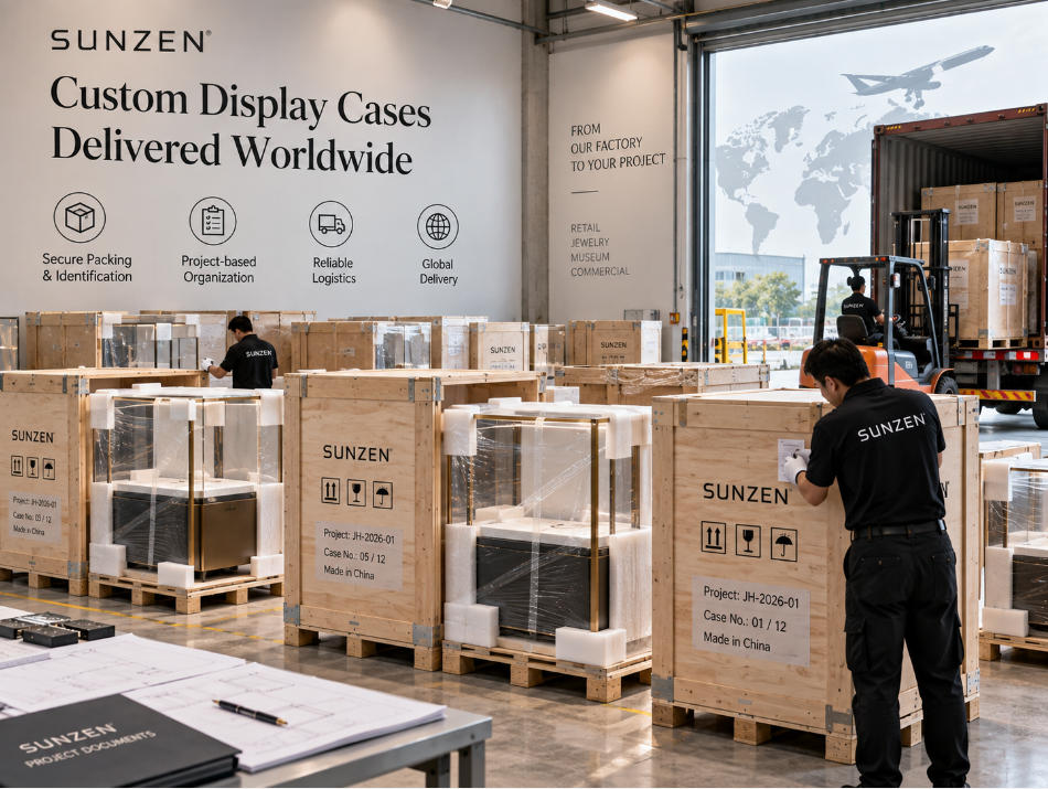 Custom display cases identified by project reference and prepared for organized packing and commercial project delivery