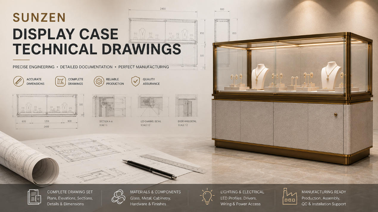 Display case technical drawings with plans elevations sections dimensions construction details hardware lighting and production documentation
