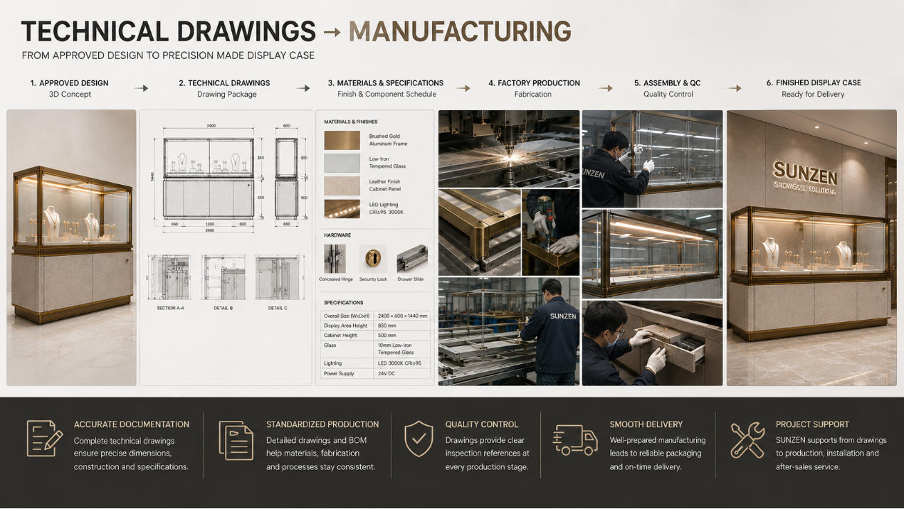 Display case technical drawings to manufacturing with approved shop drawings material specifications factory production assembly and finished showcase