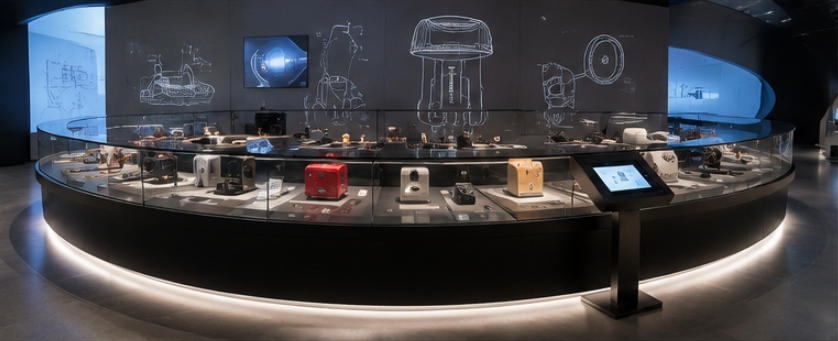 Futuristic display unit for interactive tech zones
