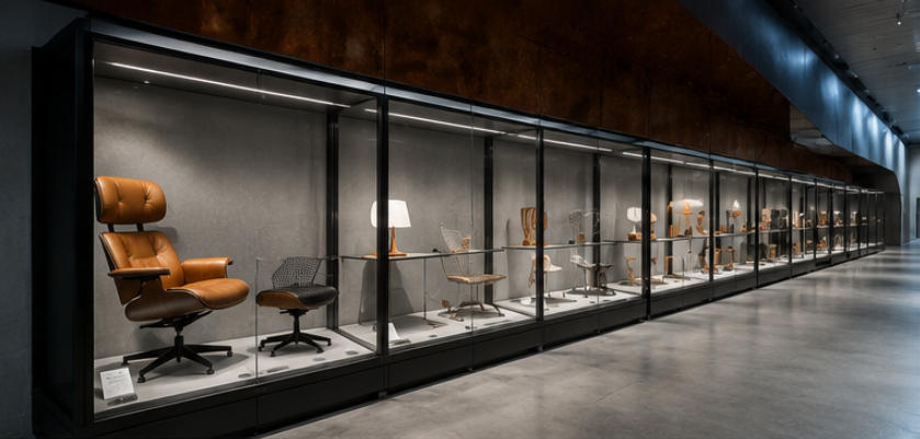 Modular design vitrine for central industrial design galleries