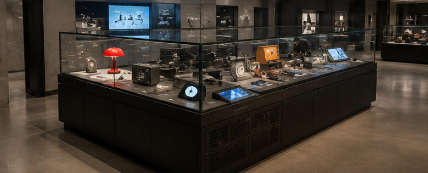 Tech gallery cabinet for digital design exhibits