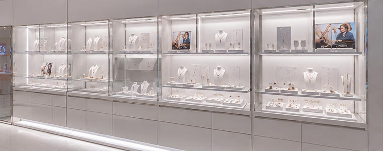 White gloss vitrine for surrounding brand series walls