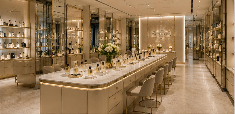 Champagne marble perfume island for core custom blending zone
