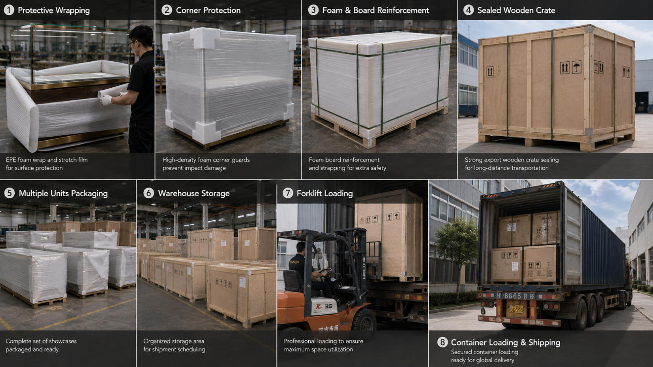 Custom jewelry showcase export packaging and international shipment preparation