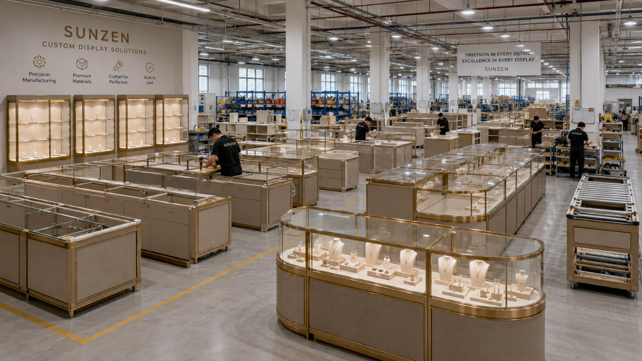 Complete jewelry store fixture package assembled and reviewed inside the factory