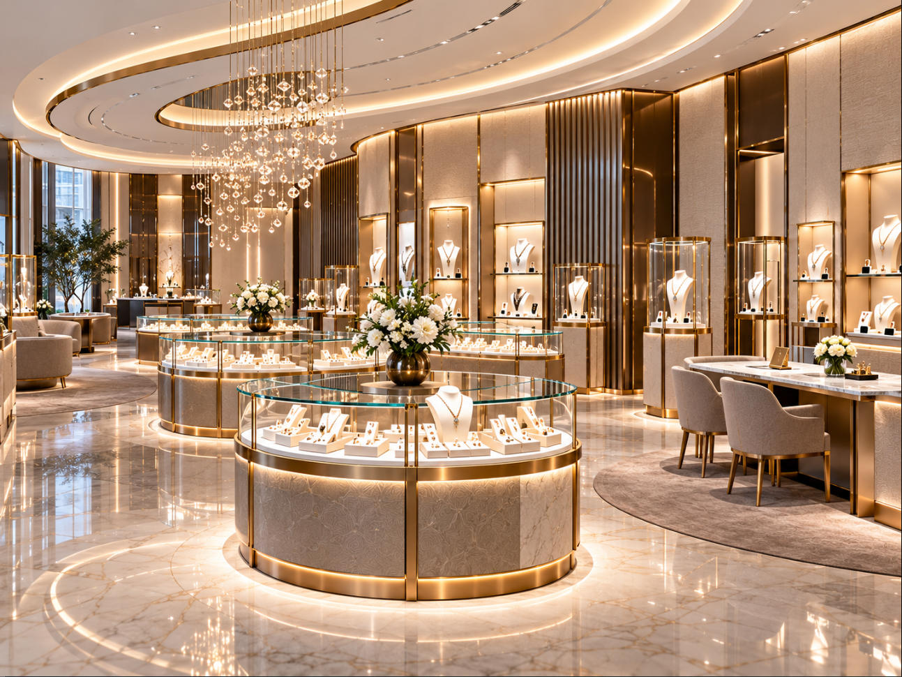 Flagship jewelry store fixture architecture integrating statement display islands wall showcases consultation areas and signature retail elements