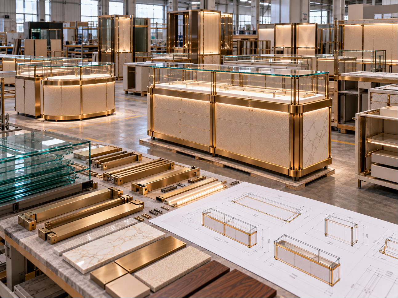 Flagship jewelry store fixture manufacturing coordinating custom glass metal cabinetry lighting and architectural display details