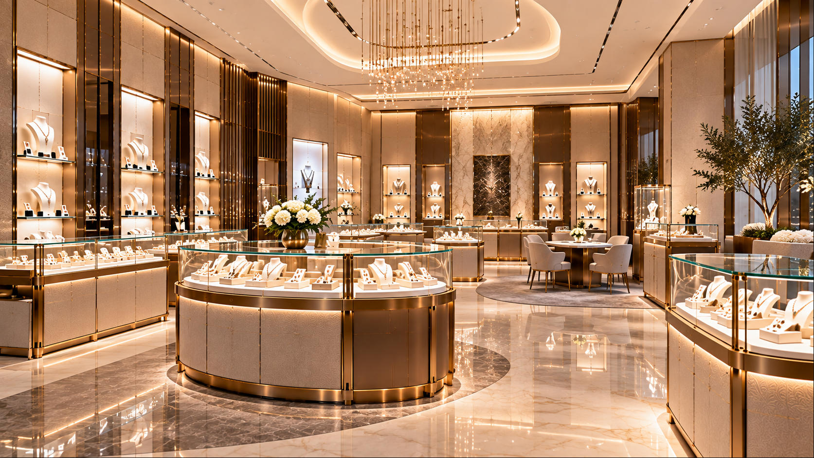 Completed flagship jewelry store using signature custom fixtures architectural showcases consultation areas and premium branded presentation