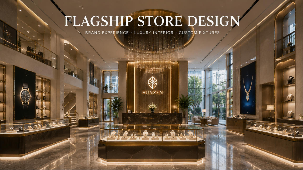 Flagship store design with luxury retail interior planning custom fixtures and premium brand environment