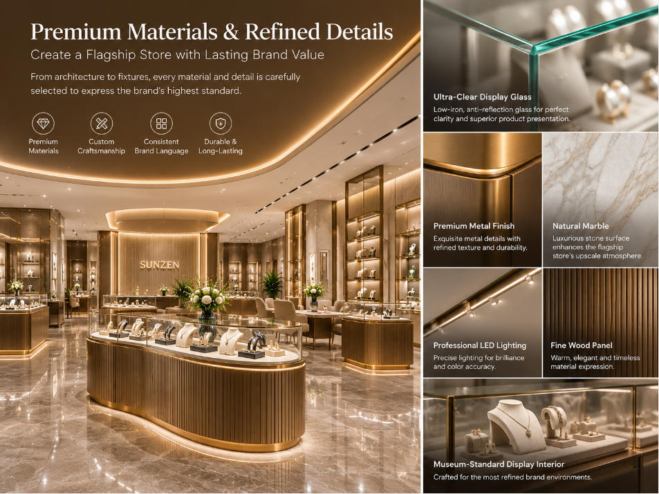 Flagship store interior design with premium materials custom architecture lighting and coordinated display fixtures