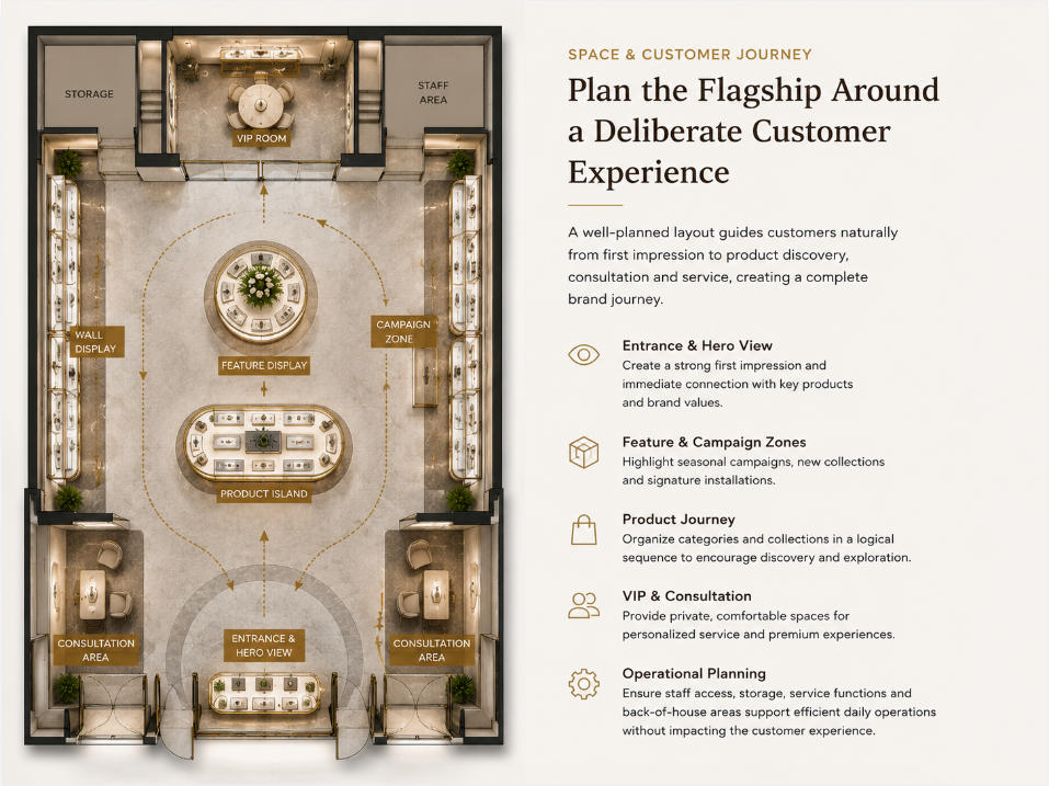 Flagship store layout planning with customer circulation feature zones VIP areas custom displays and service spaces