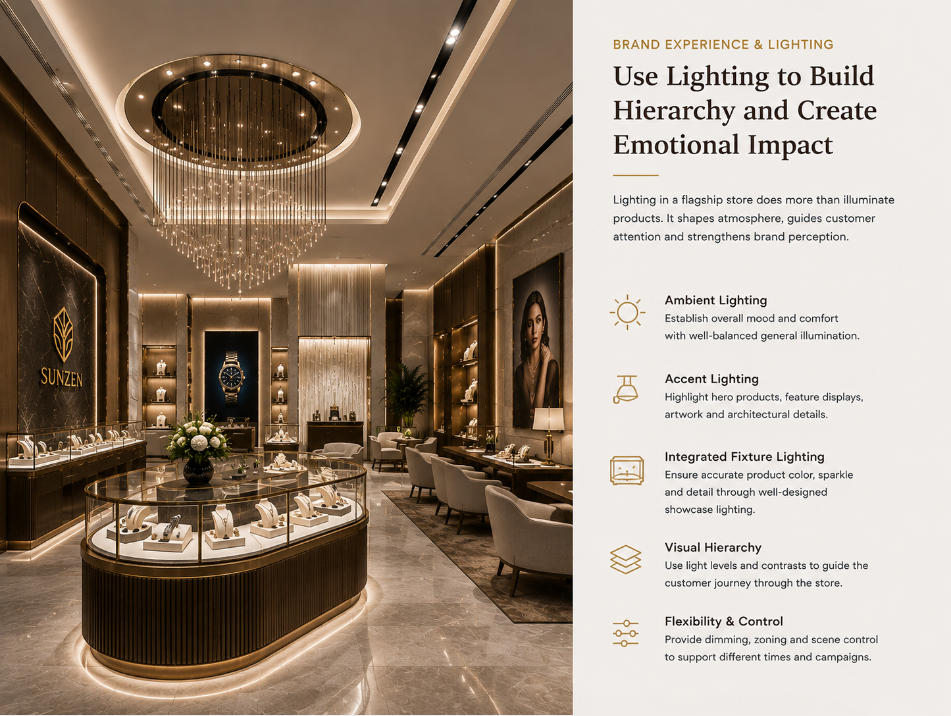 Flagship store lighting and brand experience with feature displays integrated illumination and premium retail atmosphere
