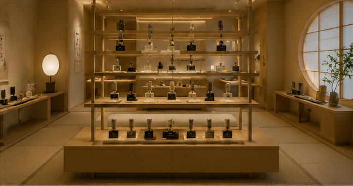 Poetry layered scent rack for olfactory theme aisles