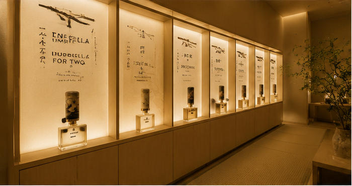 Wasabi backlit wall vitrine for poetic fragrance gallery corridors