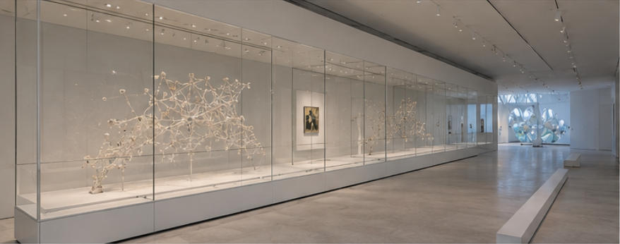 Clear glass showcase for immersive installation zones