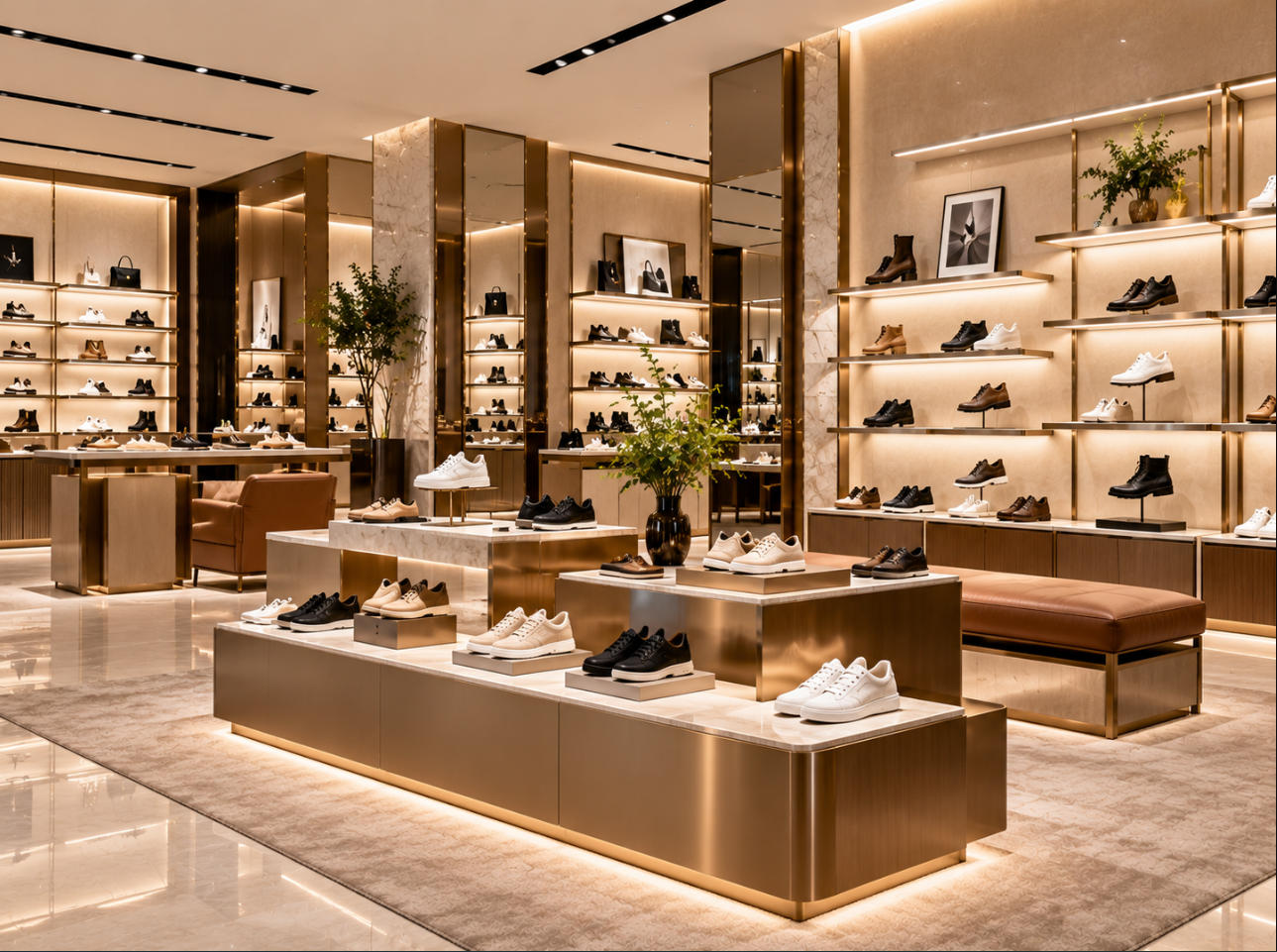 Custom luxury footwear display fixtures manufactured by SUNZEN factory for shoe stores and global brands