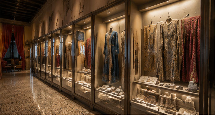 Linen lined brass vitrine for long vintage fashion corridors