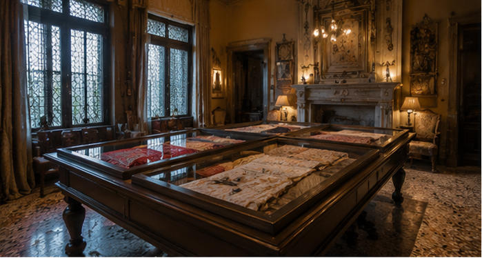 Venetian textile central island for main palazzo viewing hall