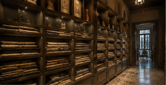 Aged wood fabric rack for textile classification separating aisles
