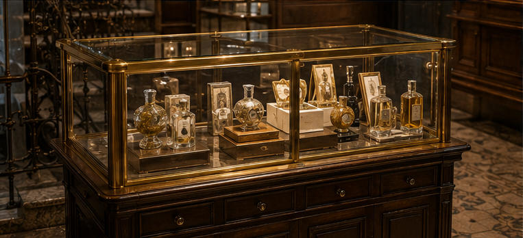 Period glass boutique unit for quiet museum rest corners