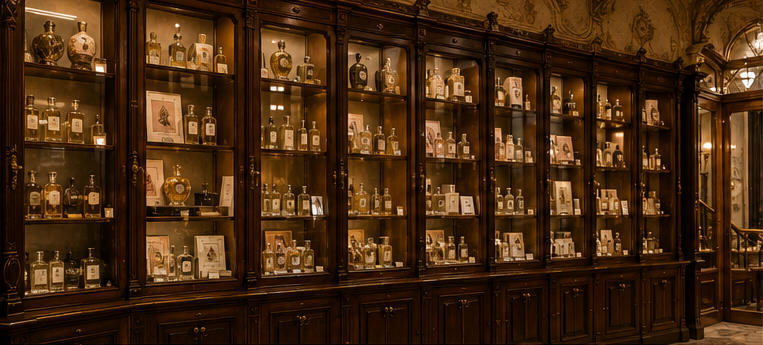 Antique walnut museum vitrine for historical fragrance gallery walls