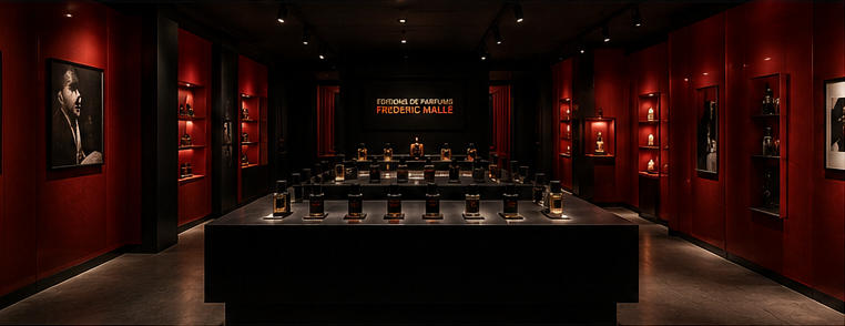 Dark gallery tasting island for central immersive scent zone