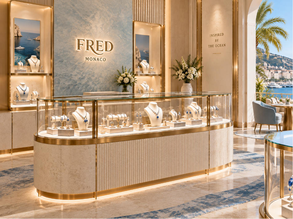 Luxury high jewelry showcase with light stone champagne metal glass and warm white lighting