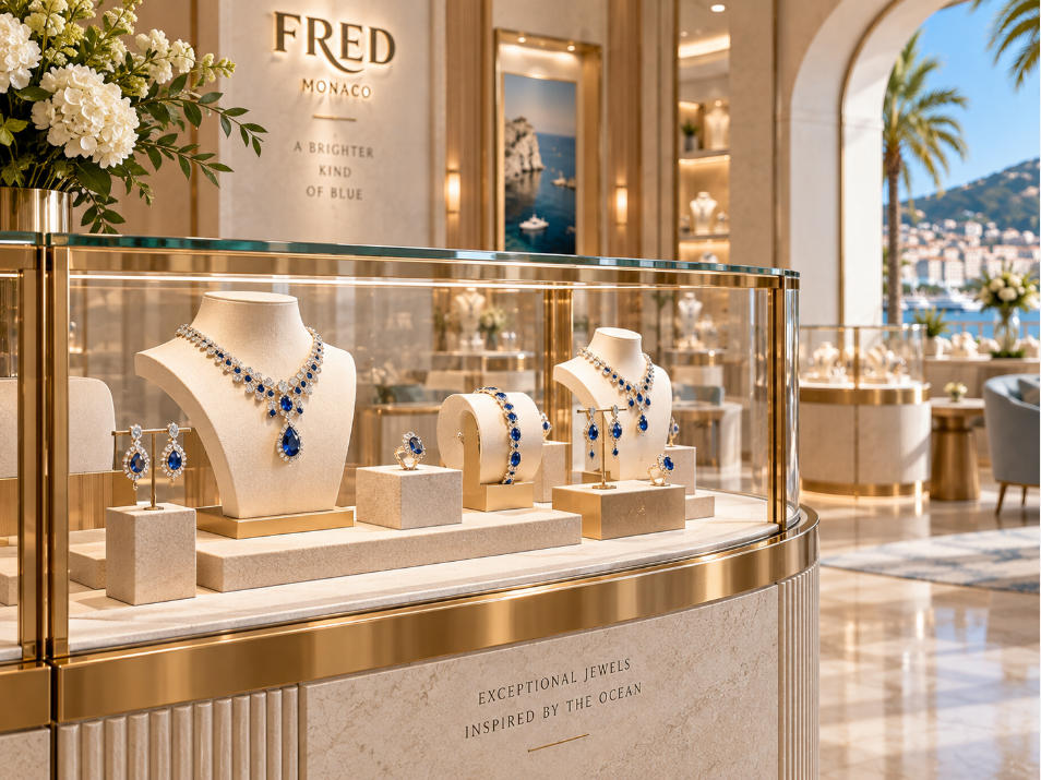 High jewelry display fixture detail with champagne metal light stone and clear glass