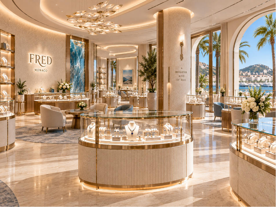 Open Mediterranean jewelry boutique layout with luxury display fixtures inside FRED Monaco