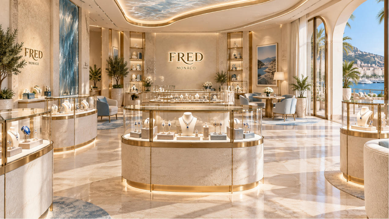 FRED Monaco custom luxury jewelry boutique fixtures in Mediterranean high jewelry store