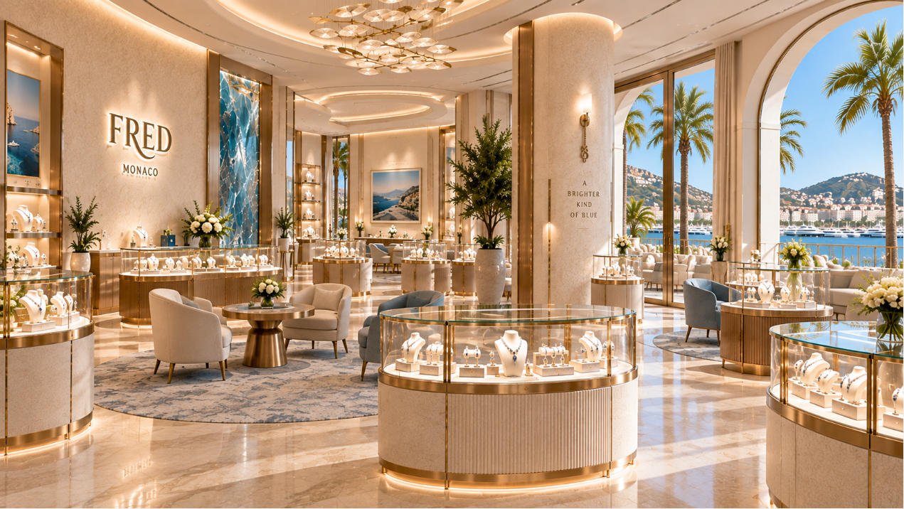 Completed FRED Monaco interior with custom luxury jewelry boutique fixtures
