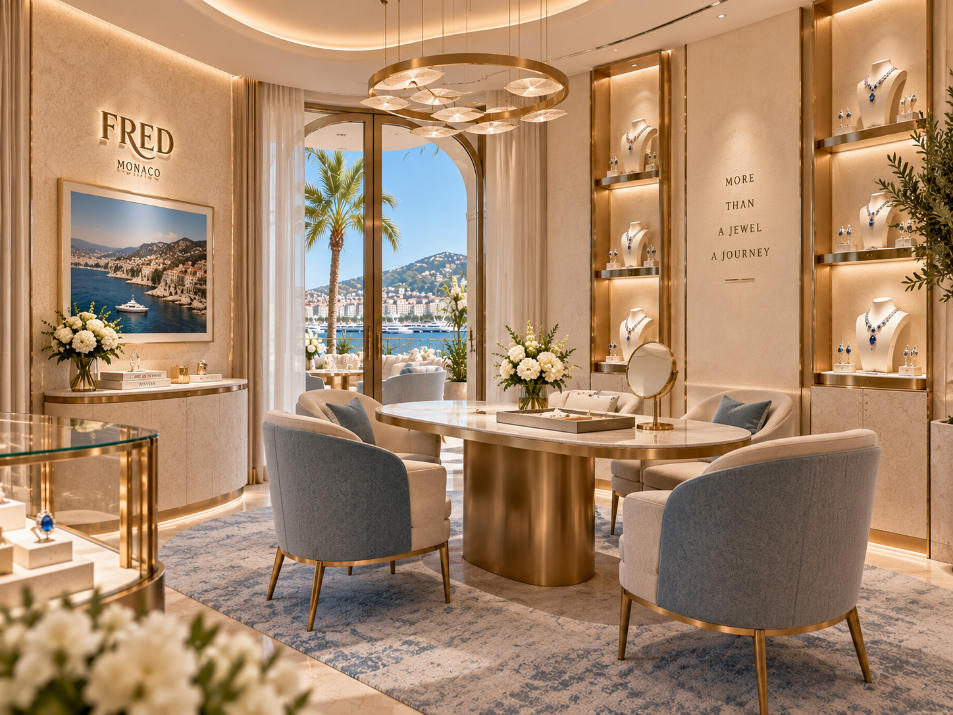 VIP high jewelry experience room inside Mediterranean luxury boutique in Monaco